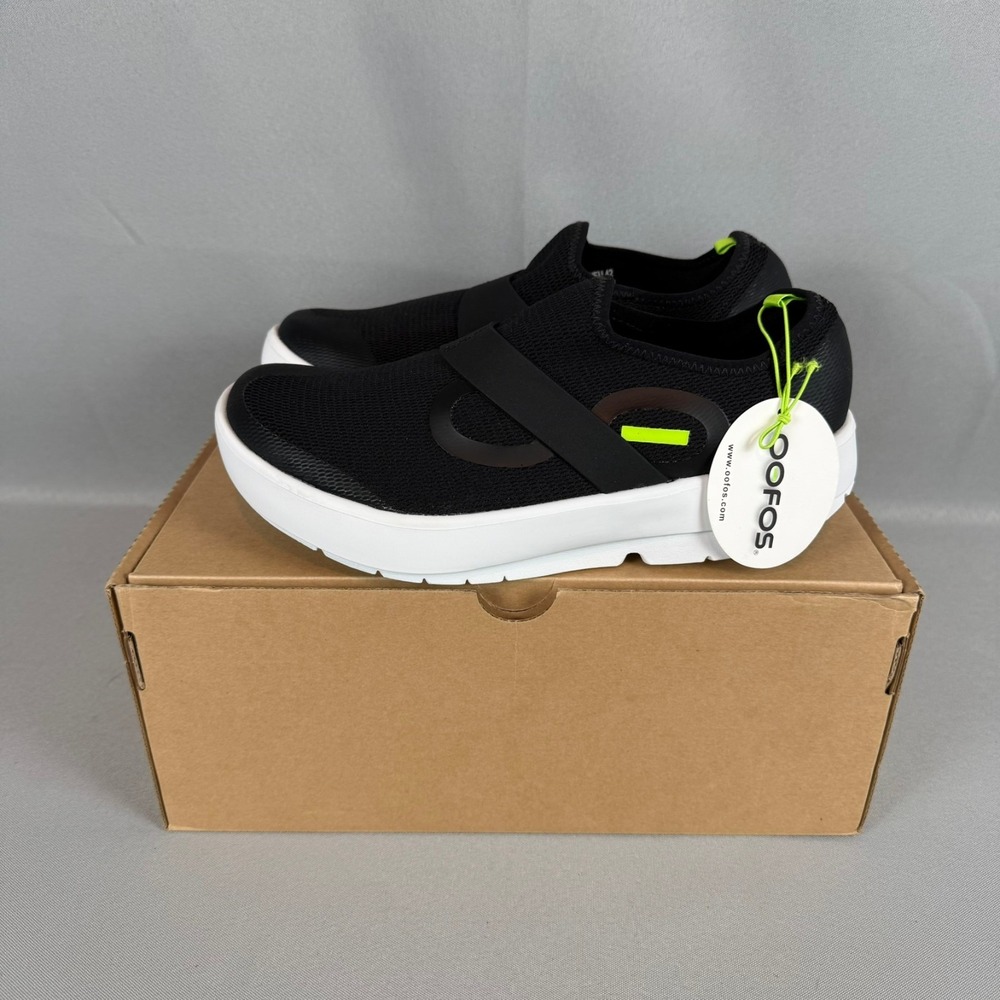 Oofos OOmg Low Mesh Sport Recovery Sneakers Mens 8 Black White Slip-On Light NIB